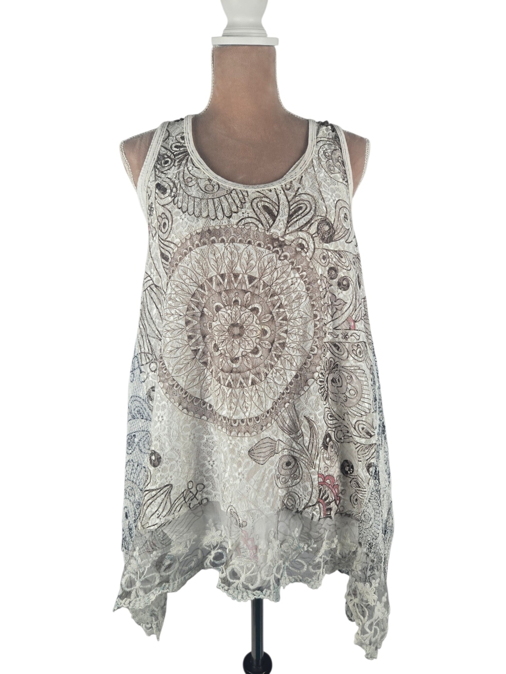 Belle France Double Layer Boho Mandala Print Tank in Ivory Size Large